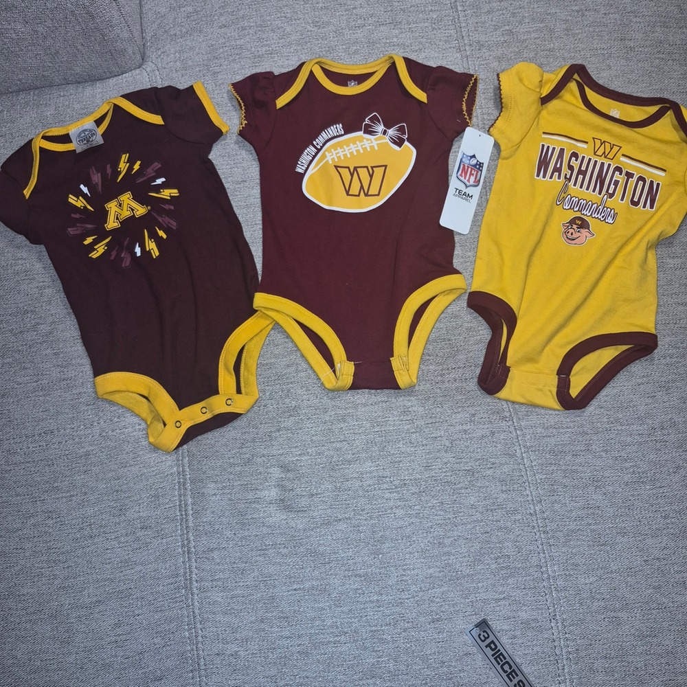 NFL Washington Commanders Baby Bodysuit 3-Piece Set Burgundy Gold NWT6/9months